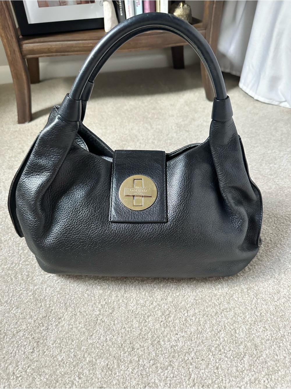 Kate Spade Black Leather Shoulder Bag with Gold Turn-Lock